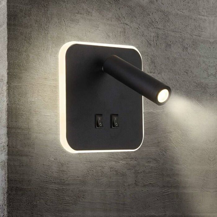 Feux de chevet LED Lampe murale hotel intérieur Lumières mural lit Lampe murale couloir avec interrupteur Noir 3W + 10W (Carré)--