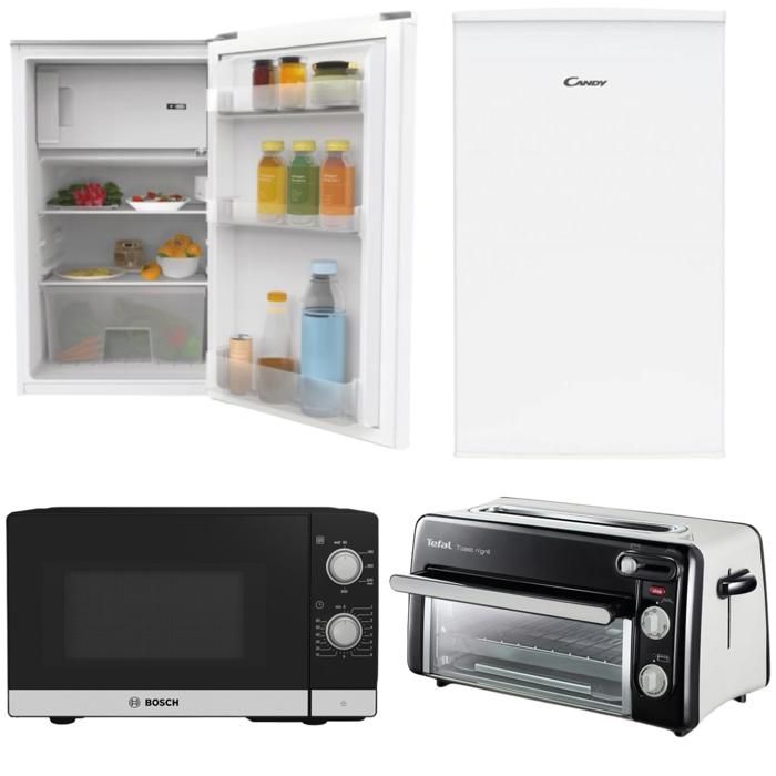 PACK Étudiant CANDY Réfrigérateur table top + TEFAL Grille-pain et mini-four + BOSCH Micro-ondes