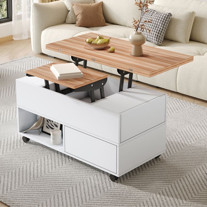 Table basse salon relevable 100x50x52 cm avec 4 roulettes Table de salon avec 4 tiroirs et espace de rangement Couleur blanc+bois