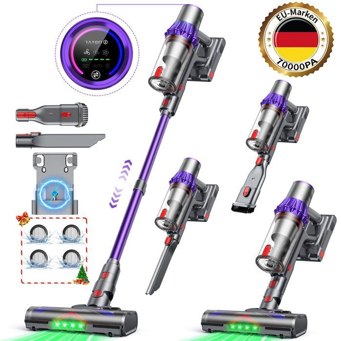 Aspirateur Balai sans Fil RAYOFI 70KPa/400 W / 60Min Fonctionne sur batterie Affichage LED-Filtre HEPA-4 Modes Anti Emmêlement Violet