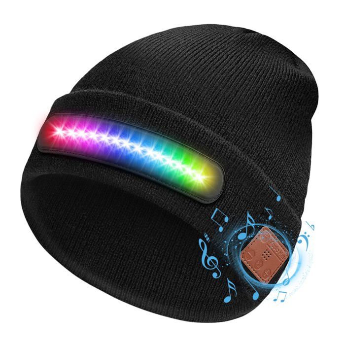 Bonnet Bluetooth LED Lumineux Homme Femme – Bonnet Musique avec Lampe Frontale Rechargeable – Idée Cadeau Originale Hiver Sport