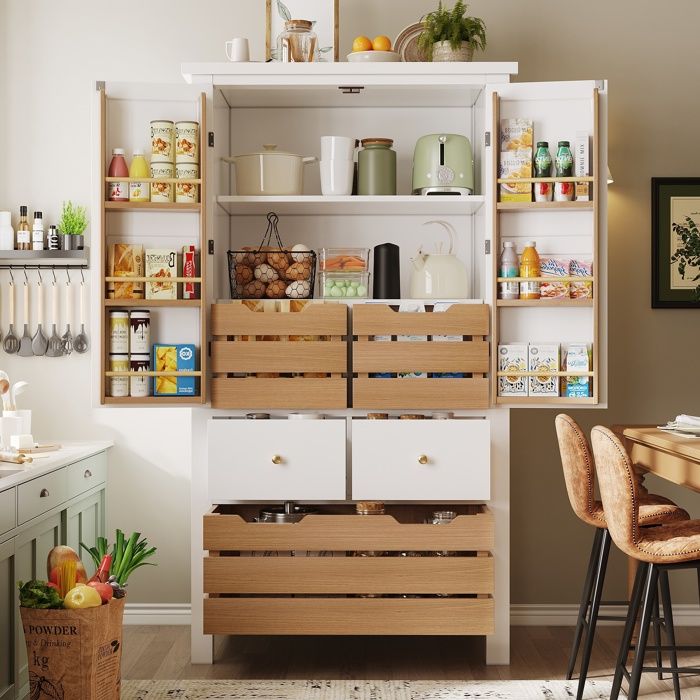 Buffet cuisine 140 x 80 x 40cm avec étagères et 5 tiroirs meuble de rangement haut multifonction pour salon et salle à manger blanc
