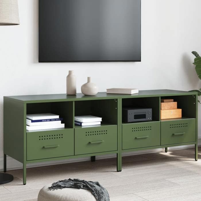 Meuble TV mural - VIDAXL - Vert olive - 68x39x50 5 cm - Acier laminé à froid - 2 compartiments - 2 tiroirs
