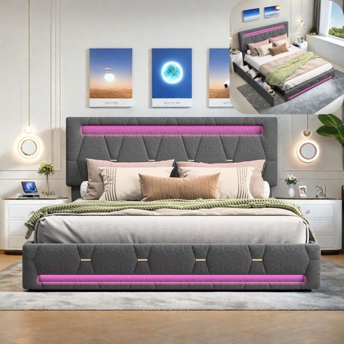 Lit adulte 160x200 cm - RAVAS - Avec lampe LED - 4 tiroirs - Tissu lin - Gris