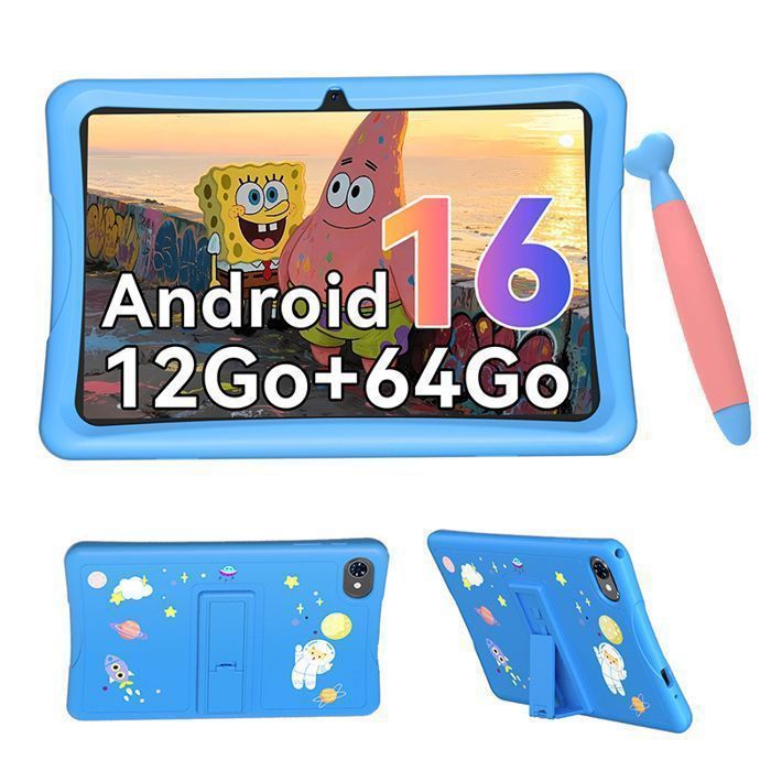Tablette Enfant 10 Pouces Android 1612Go RAM(4+8Go)64Go Extensible 2ToGoogle Kids SpaceContrôle ParentalCoque AntichocStylet
