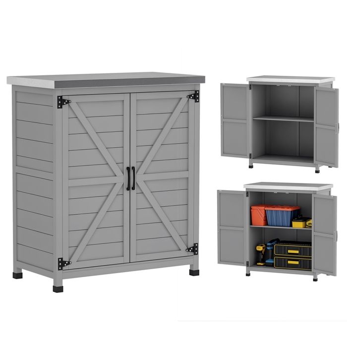 Armoire de jardin en Bois Extérieur - Outsunny - avec Plan de Travail en acier galvanisé - étagère - Double Porte - gris