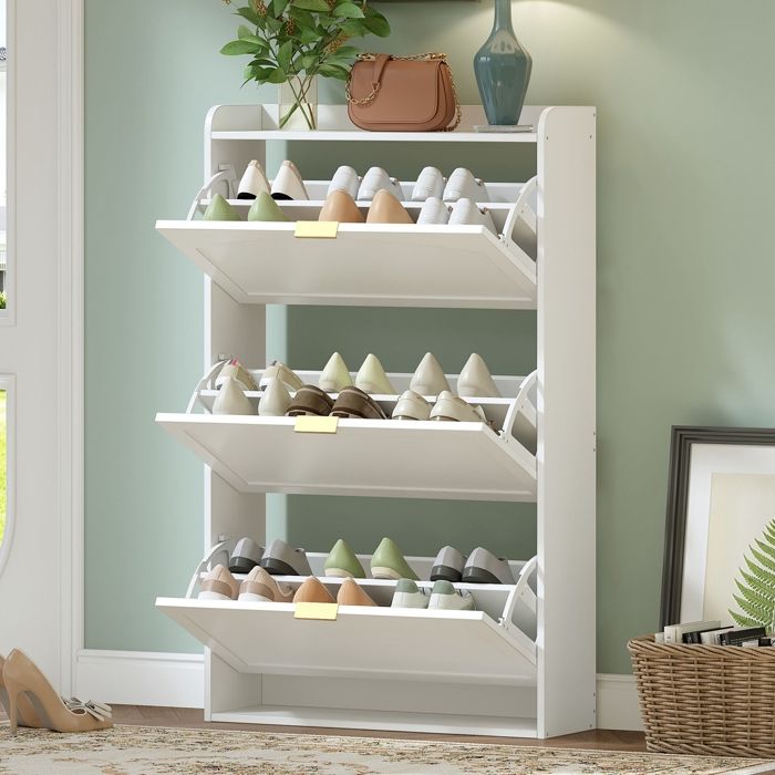Meuble Chaussure Entree Armoire à Chaussures étroite avec 3 Tiroirs Rabattables pour Couloir Entrée Salon 76x23x118 cm Blanc