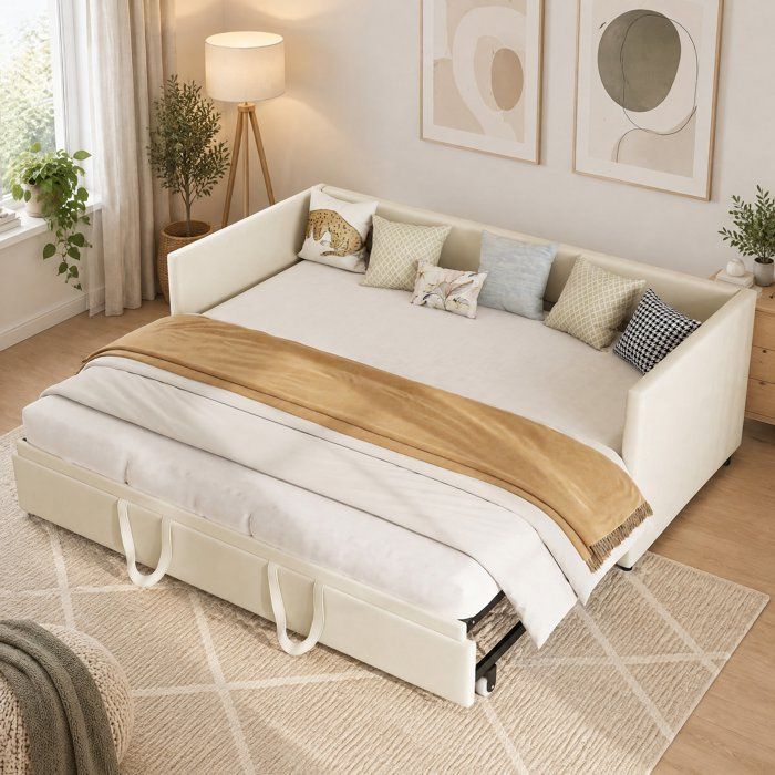 Lit gigogne 2 places 90/180x200 cm Canapé-lit Convertible rembourré avec sommier à Lattes Convertible Extensible Velours Beige