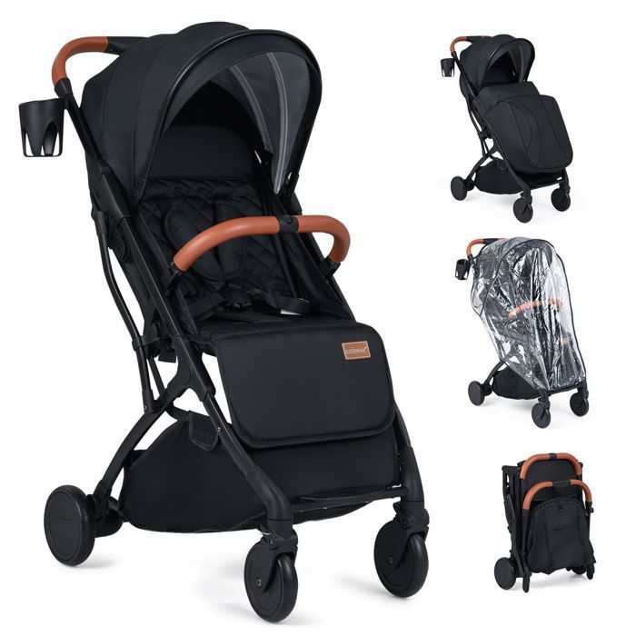 Poussette Nouveau-né Pliable à une Main COSTWAY-Capote RéglableDossier Inclinable-PanierHousse Pluie Porte-Gobelet15 kg-Noir