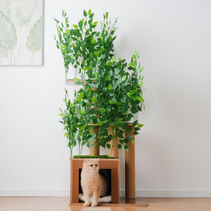 Arbre à Chat Arbre 158 cm – Vert – 3 Plateformes – Feuillage Amovible – Trous pour Chat – Anti-basculement – MDF hydrofuge