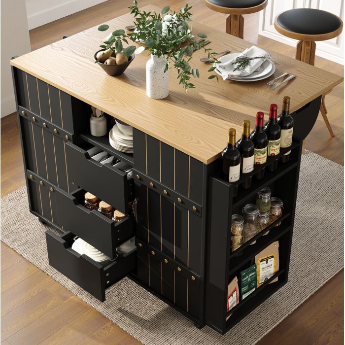 Desserte de cuisine110×42/70×90 cm. avec roulettes. plan de travail rabattable. 2 portes et 3 tiroirs. MDF. noir