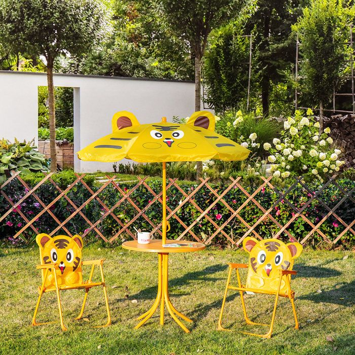 Ensemble salon de jardin enfant - AKOZON - Design Tigre - 4 pcs (table+2 chaises+parasol) - Oxford Jaune - Métal époxy
