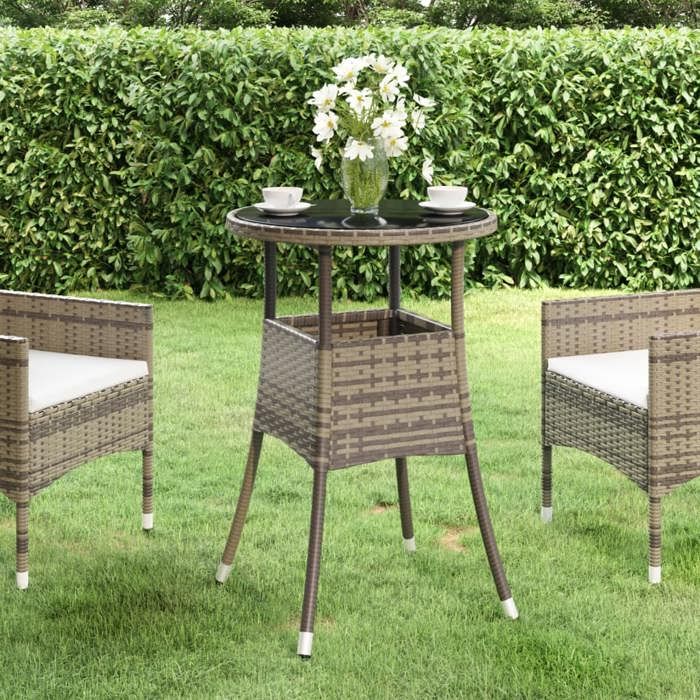 Soldes printemps Table terrasse - Gris - Table de jardin - 1 PC - Ø60x75 cm verre - trempé/résine tressée Gris T79