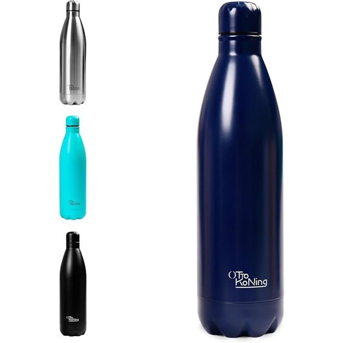 Gourde Isotherme 1L Inox - Bouteille Eau Sport Thermos Café et Thé Maintien Chaud 12h Froid 24h - 1000 ml Bleu BLEU MARINE GOURDE