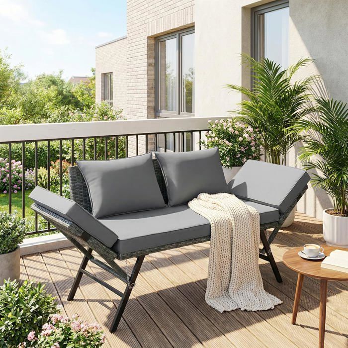 Canapé Jardin Extensible en Rotin 2 PlacesSalon de Balcon Extérieur avec Accoudoirs RéglablesCoussins Amovibles
