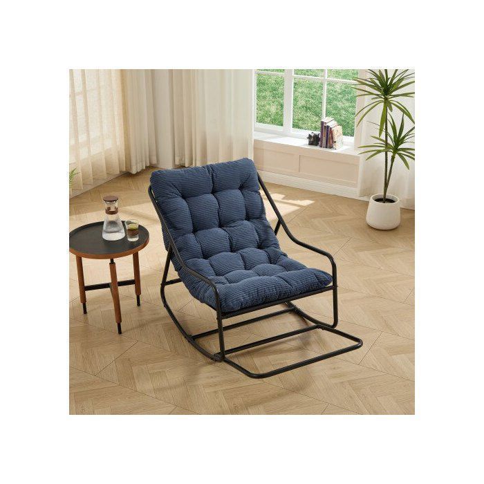 Fauteuil à bascule extérieur – coussin épais moelleux structure noire assise bleu marine – pour salon chambre salle de lecture