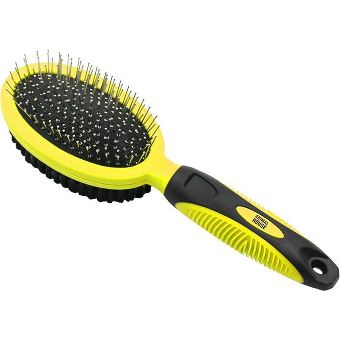 - Brosse Duo-Cre Confort : mssge et netge professionnel pour chiens et chts vec poils en métl et june jaune BROSSE