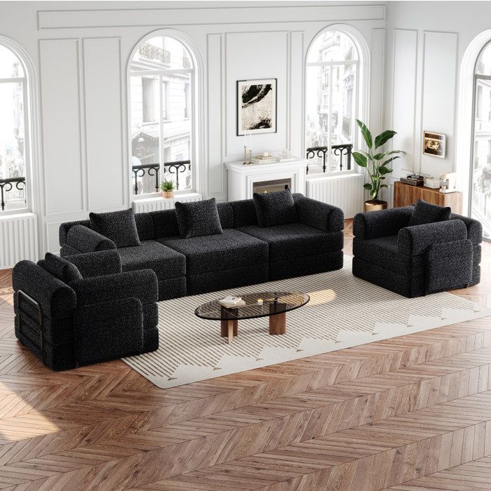 Canapé convertible 1 place noir en chenille 2-en-1 avec rangement d’accoudoir modulable