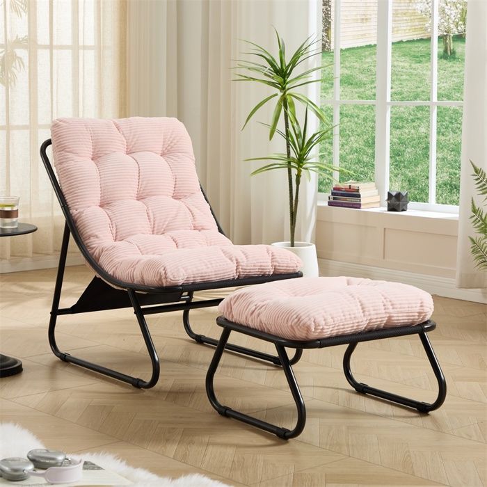 Fauteuil de Jardin avec Repose-pied - 65x78x86cm - Chaise Lounge Relax avec Coussin Moelleux - Acier & Velours - Rose