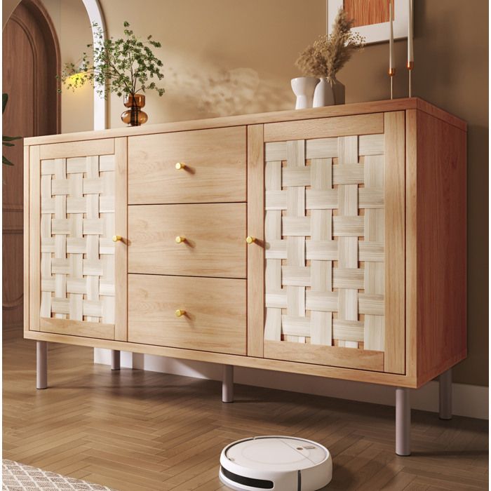 HOMVRA Buffet 120x40x75 cm - Meuble de salon vec 2 portes et 3 tiroirs étagères réglables et pieds en métal - Couleur chêne