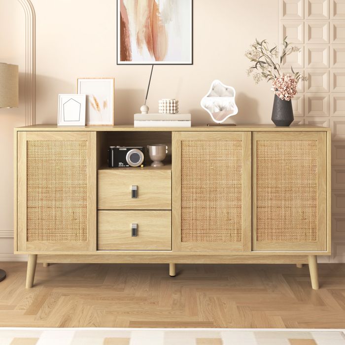 Buffet en osier avec 2 tiroirs et étagères ouvertes 155x38x80cm meuble de rangement à trois portes grande capacité couleur bois.