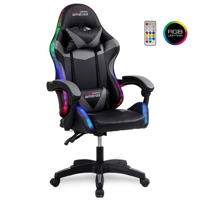 AMSTRAD  AMS-900-LED-BK Fauteuil / Chaise de bureau Gamer noir gris - Eclairage LED 366 effets - T&eacute;l&eacute;commande 