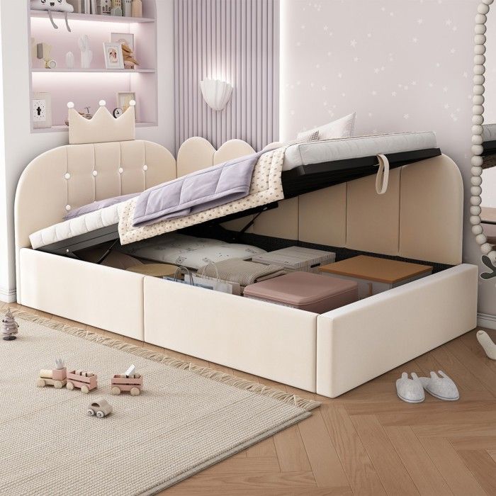 Banquette-lit Enfant Beige 90x200cm Velours Motif Ajouré Lit Dangle Rangement Hydraulique Gain De Place Sans Matelas Banquette-lit Enfant Beige 90x200cm Velours Motif Ajouré Lit Dangle Rangement Hydraulique Gain De Place Sans Matelas