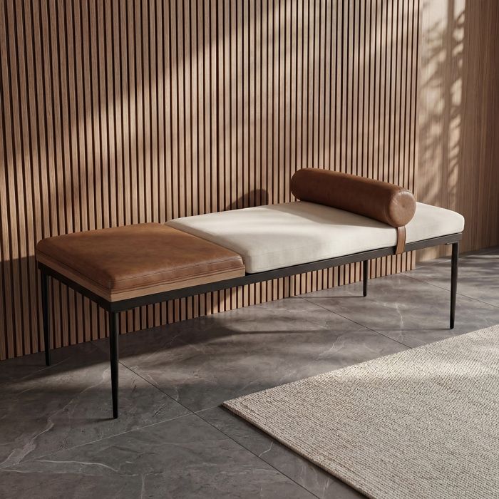 Ya-Home Banc de Lit Moderne Pieds en Métal - Banc dentrée - Banquette de Fenêtre en Cuir et Lin pour Chambre à Coucher Blanc