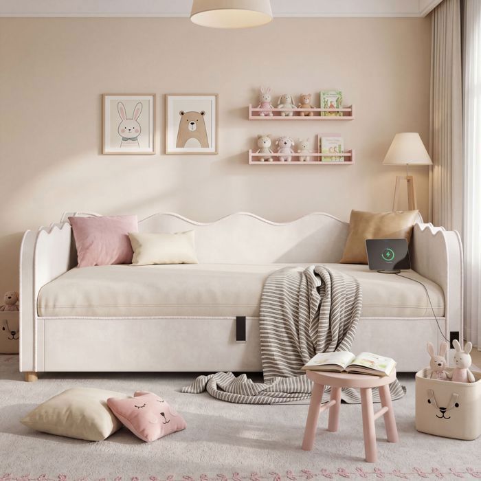 Canapé-lit 90x200 cm en velours avec coffre hydraulique USB dossier rembourré banquette convertible pour salon beige