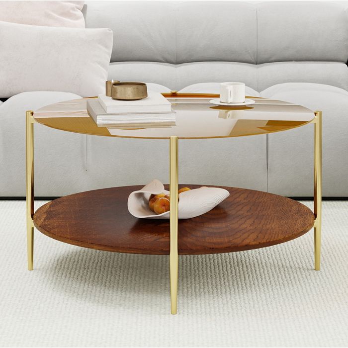 Table Basse Ronde Double Plateau Étagère Basse en Bois et Structure Métal pour Salon Doré 82×82×45 cm - UVRION