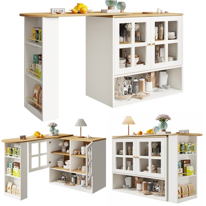 Table de bar extensible pivotant 360°138-204x39x102.5 cm verre trempé rangements MDF blanc