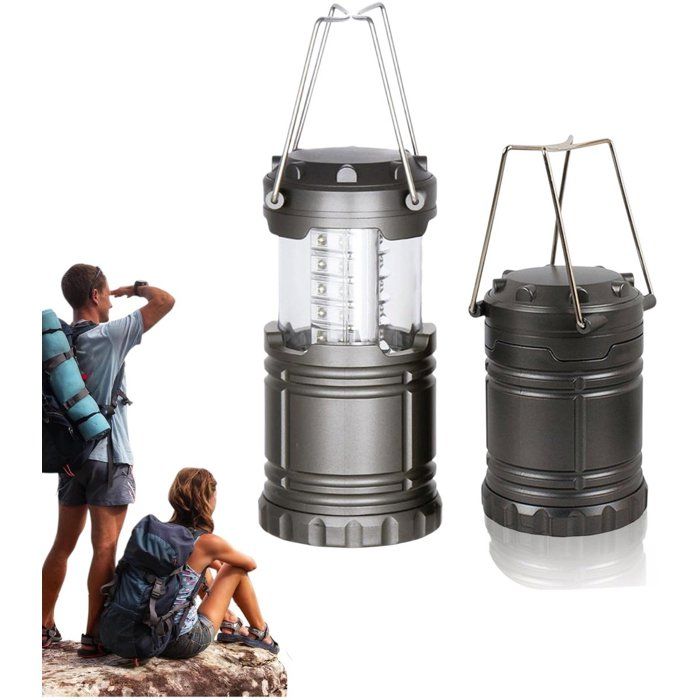 Lampe De Camping Led Pliable Télescopique À Piles 3xAA Lanterne De Tente 30 Led Éclairage D’Appoint Extérieur Gris 25x8 5 cm