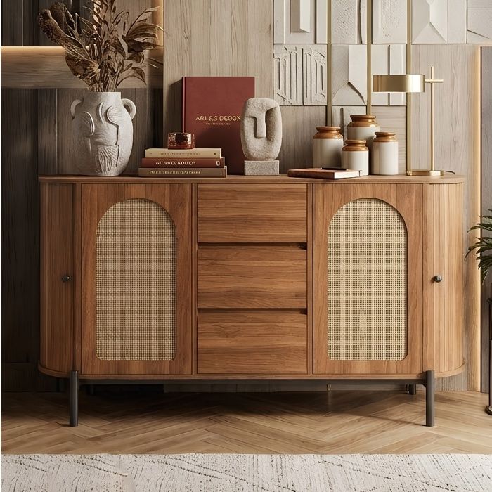 Buffet Bas Ovale 140x38x775cm  2 Portes Cannage en Rotin Naturel  3 Tiroirs & Étagères Réglables  Meuble en Bois Noyer Salon