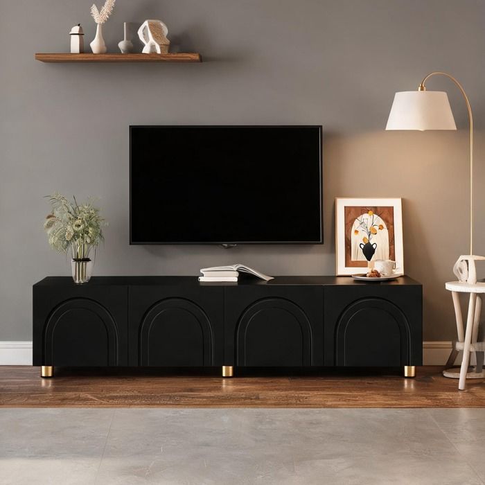 Meuble TV bas noir mat MDF/panneaux de particules 180 cm 4 portes relief arc métal