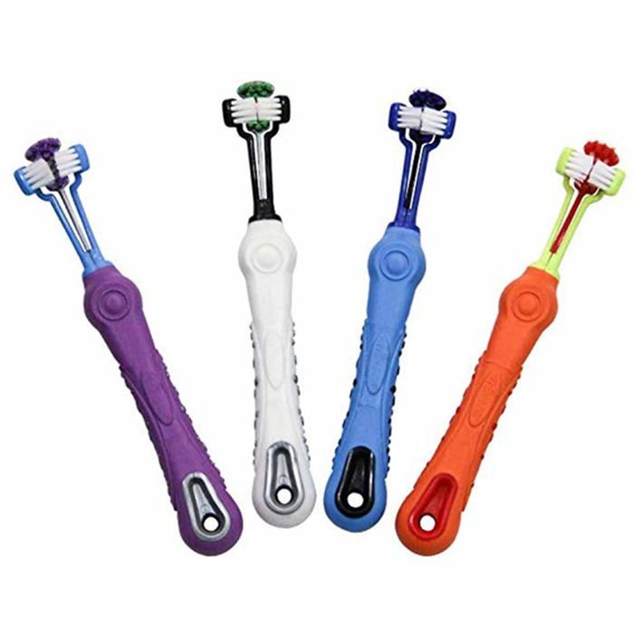 Brosse à dents pour animaux - GRANDSALEY - Lot de 4 - Tête 3 faces - Manche caoutchouc antidérapant - Poils souples