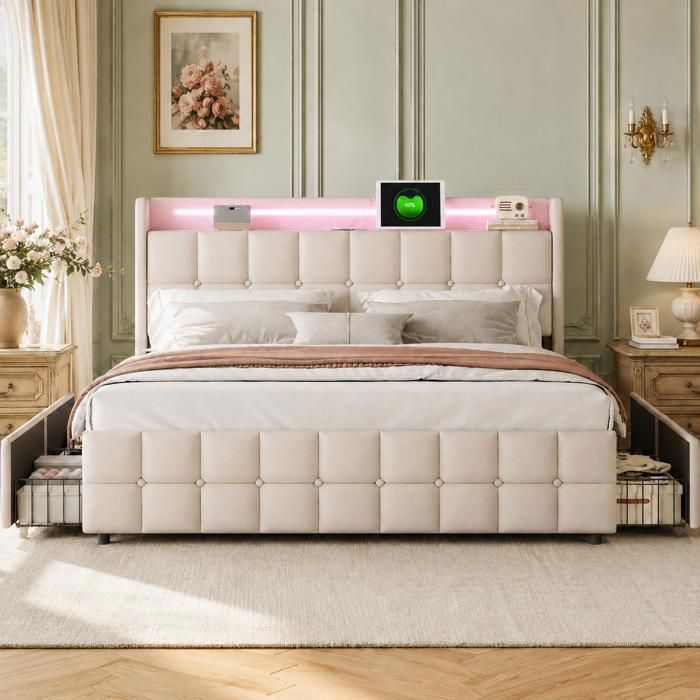Lit 2 personne 180x200 cm avec rangement - 4 tiroirs et sommier à lattes - lit adulte avec LED et port USB - lit capitonné lin beige