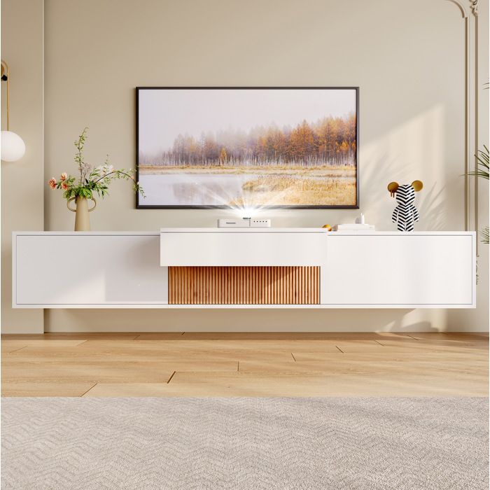 COVREO Meuble TV 180 x 34 x 30 cm avec plateau coulissant pour projecteur blanc effet bois