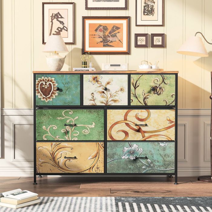 Buffet bas - Bahut Moderne -Buffet de salon 100 cm - Buffet 7 tiroirs - Métal et panneaux de particules - Panneaux de particules