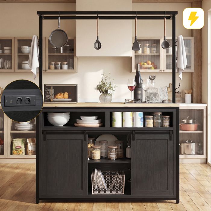 Îlot de cuisine 107x62x183 cm avec plan de travail étagère suspendue prises intégrées portes coulissantes et rangements noir
