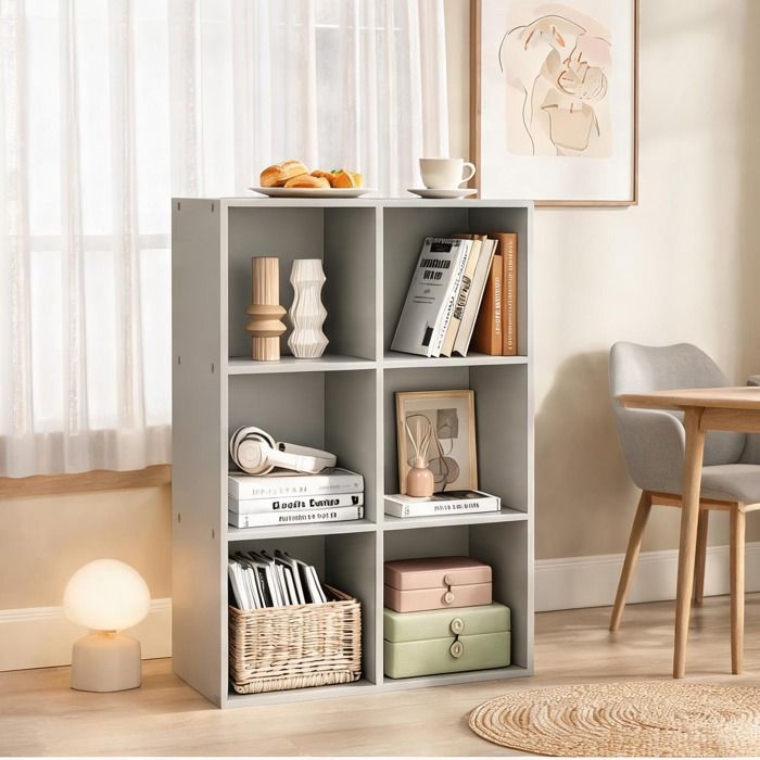 Étagère cube 6 niches en bois dingénierie neutral gray – Rangement modulable salon/bureau – 596 x 89 x 29 cm