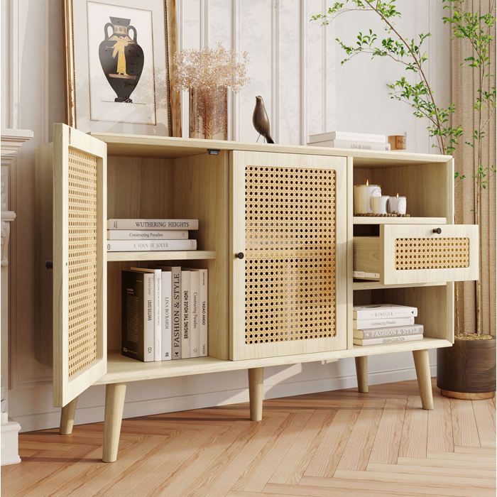 VUENOR Buffet bas 120 x 40 x 80 cm aspect chêne avec 1 tiroir 2 portes magnétiques et étagères réglables