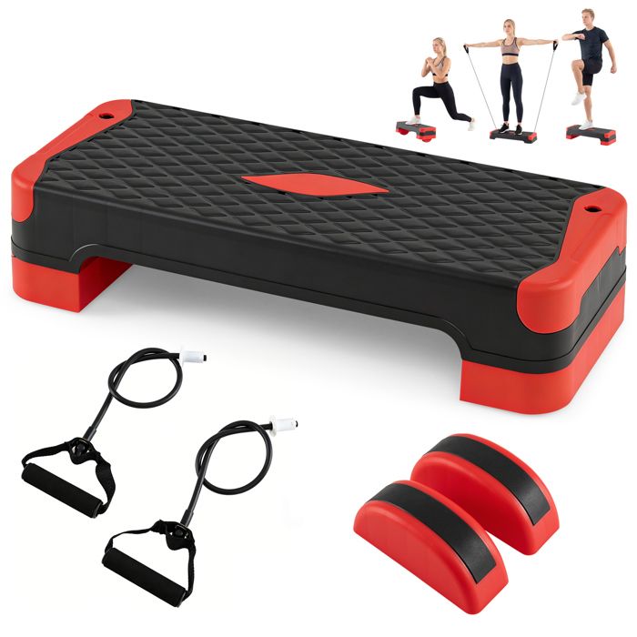 Stepper dAérobic 3 en 1-COSTWAY-Charge 300KG 4 Hauteursavec 6 Accessoires Step Fitness Antidérapant Rouge