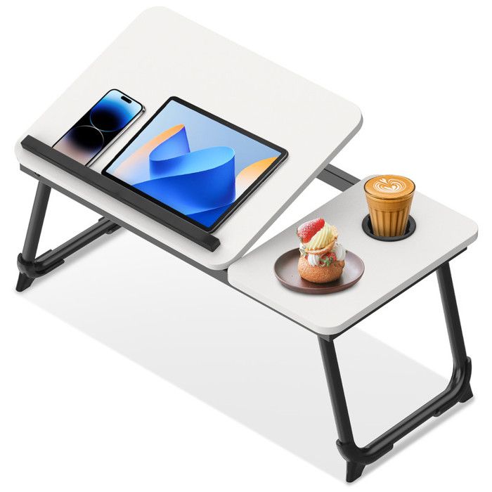 Table de lit pliable pour ordinateur portable meuble multimédia 5 angles réglables avec porte-gobelet Blanc chaud