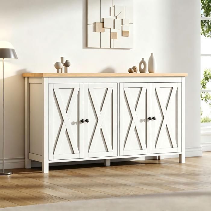 Buffet Bas Blanc et Bois 140 x 40 x 78 cm Bahut à 4 Portes avec 2 Étagères Réglables