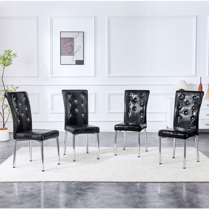 Chaises de Salle à Manger Lot de 4 avec Dossier Haut et Pieds Métalliques - BEAUNIV - Simili Effet Croco Noir