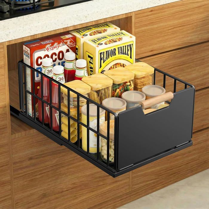 Tiroir organisateur coulissant en métal 40 x 25 x 18 cm - poignée en bois fixation sans perçage charge 25 kg