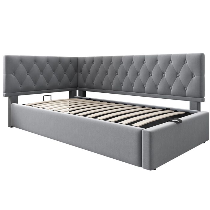Lit banquette coffre en velours gris 90 x 190 cm sommier à lattes tête de lit réversible sans matelas