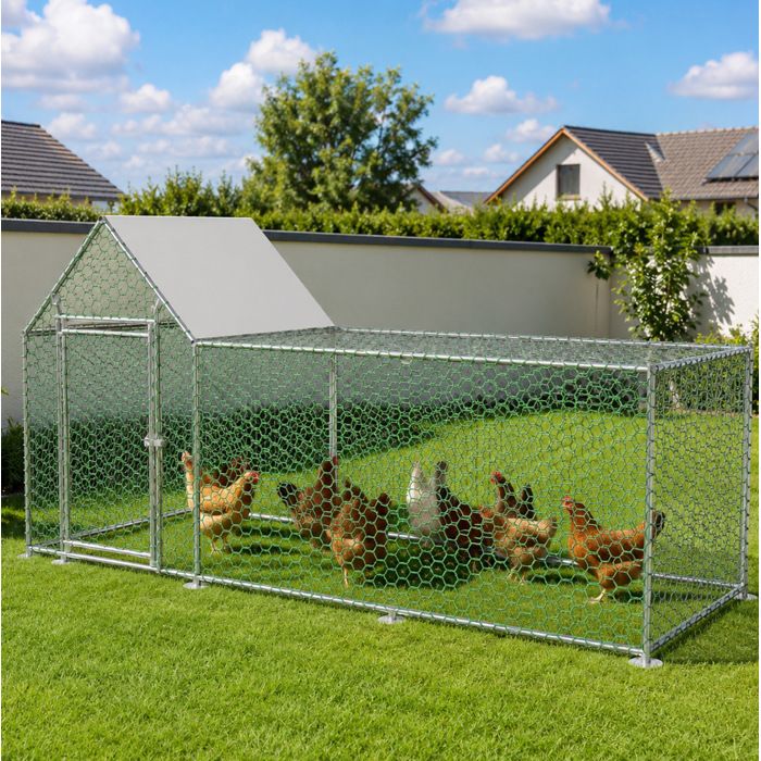 Poulailler enclos extérieur AESVAR 3 x 1 x 1 5 m en acier galvanisé gris avec bâche PE imperméable