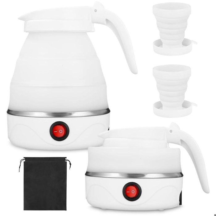 Bouilloire Électrique Pliable Voyage Silicone Alimentaire 600W pour Chauffage Rapide 20x12cm Blanc