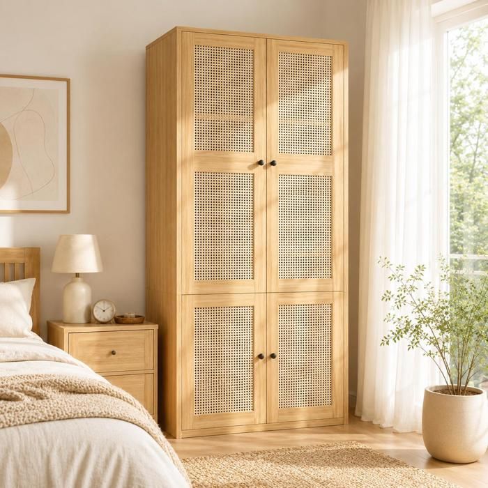 Armoire de Chambre - 90x47x200cm - Armoire Dressing avec Portes en Rotin 1 Penderie 3 Tiroirs et 4 Niches - Bois Naturel